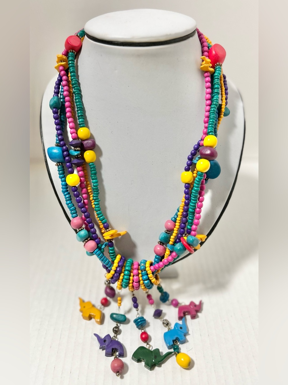 Wooden multi-strand boho-chicfestive statement playful elephant charms necklace